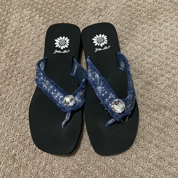 yellow box denim flip flops
